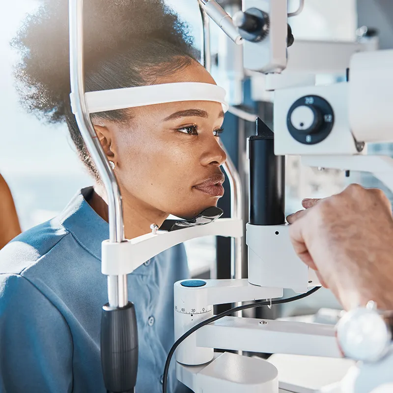 Older man during his annual diabetic eye exam at Konocti View Optometry in Lakeport, CA.
