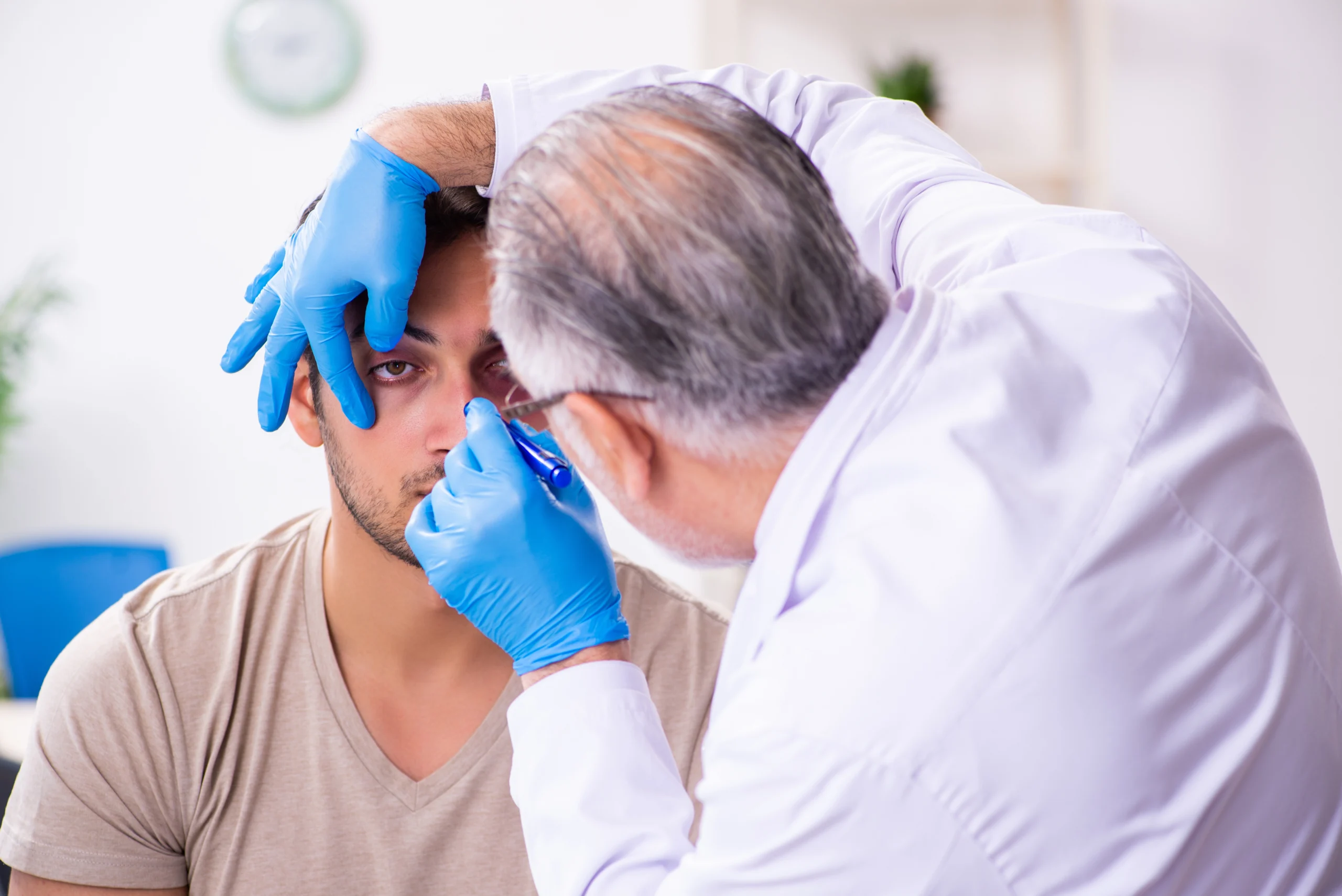 A doctor gives an eye exam to a young man.